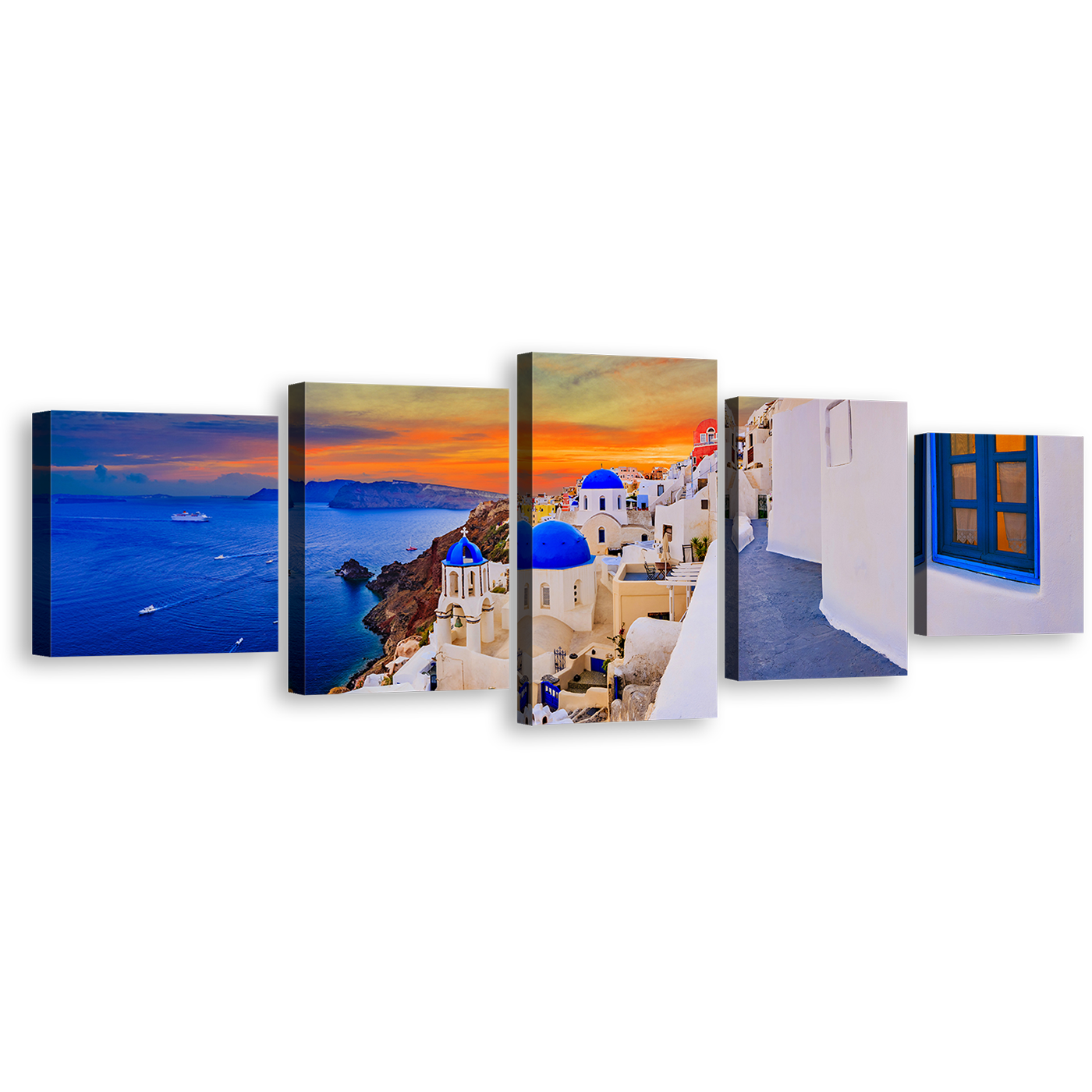 Greece Sea Canvas Print, Santorini Island Blue White Houses 5 Piece Canvas Multi-panel Print, Oia Dramatic Orange Cloudy Sky Canvas Set