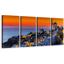 Load image into Gallery viewer, Greece Sea Canvas Wall Art, Santorini Island City Orange Sky Multi Canvas, Blue Greece Oia Houses 4 Piece Canvas Print
