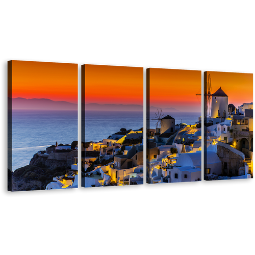 Greece Sea Canvas Wall Art, Santorini Island City Orange Sky Multi Canvas, Blue Greece Oia Houses 4 Piece Canvas Print