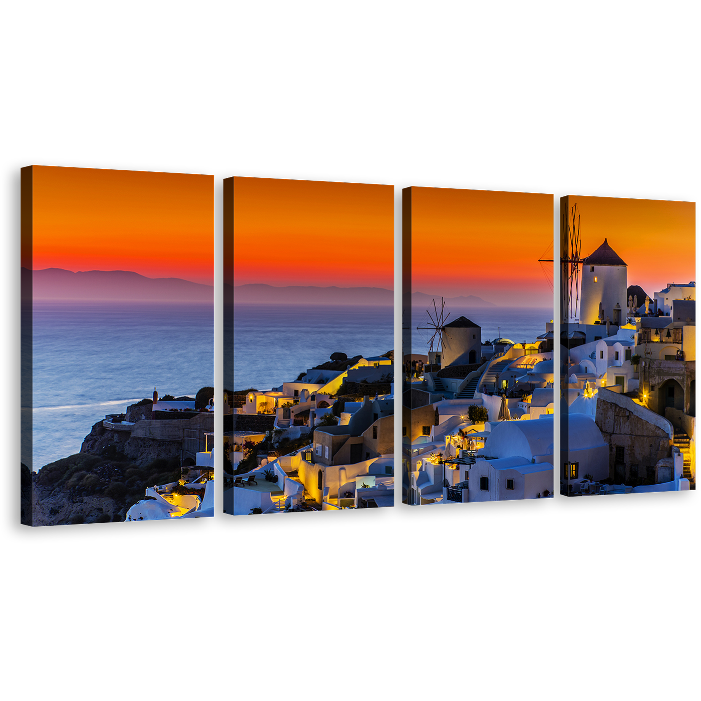 Greece Sea Canvas Wall Art, Santorini Island City Orange Sky Multi Canvas, Blue Greece Oia Houses 4 Piece Canvas Print