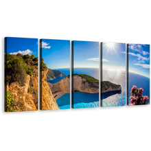 Load image into Gallery viewer, Greece Sunrise Canvas Print, Blue Ocean Mountain Cliff 5 Piece Wall Art, Green Navagio Ocean Mountains Multi Canvas
