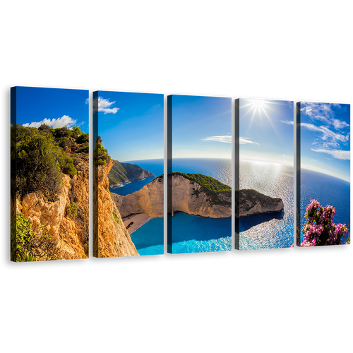 Greece Sunrise Canvas Print, Blue Ocean Mountain Cliff 5 Piece Wall Art, Green Navagio Ocean Mountains Multi Canvas