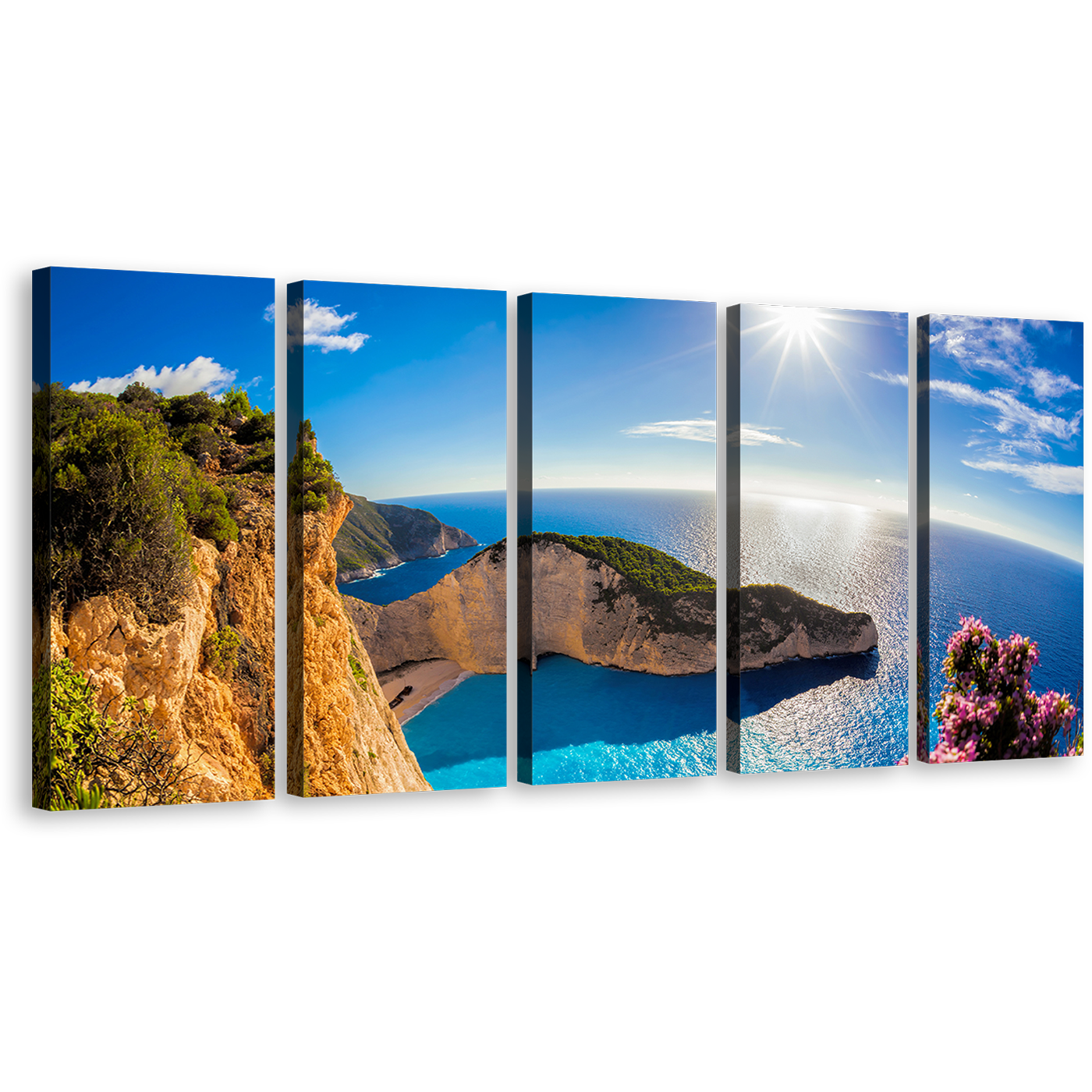 Greece Sunrise Canvas Print, Blue Ocean Mountain Cliff 5 Piece Wall Art, Green Navagio Ocean Mountains Multi Canvas