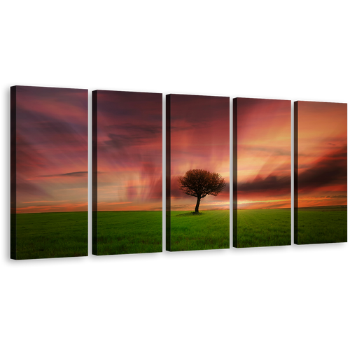 Green Fields Canvas Wall Art, Alone Tree 5 Piece Canvas, Beautiful Orange Sky Red Dramatic Dawn Canvas Print