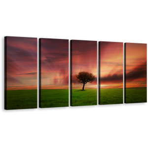 Green Fields Canvas Wall Art, Alone Tree 5 Piece Canvas, Beautiful Orange Sky Red Dramatic Dawn Canvas Print