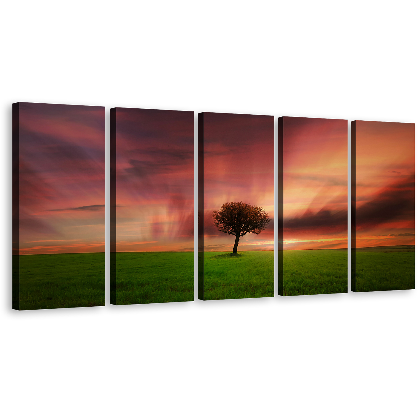 Green Fields Canvas Wall Art, Alone Tree 5 Piece Canvas, Beautiful Orange Sky Red Dramatic Dawn Canvas Print