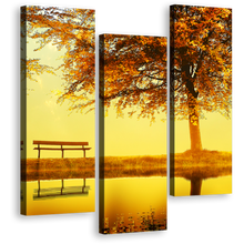 Load image into Gallery viewer, Greenbelt Bench Canvas Wall Art, Orange River Landscape Autumn Scene Canvas Set, Yellow Sunset River Lake 3 Piece Canvas Print
