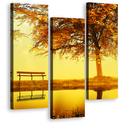 Greenbelt Bench Canvas Wall Art, Orange River Landscape Autumn Scene Canvas Set, Yellow Sunset River Lake 3 Piece Canvas Print