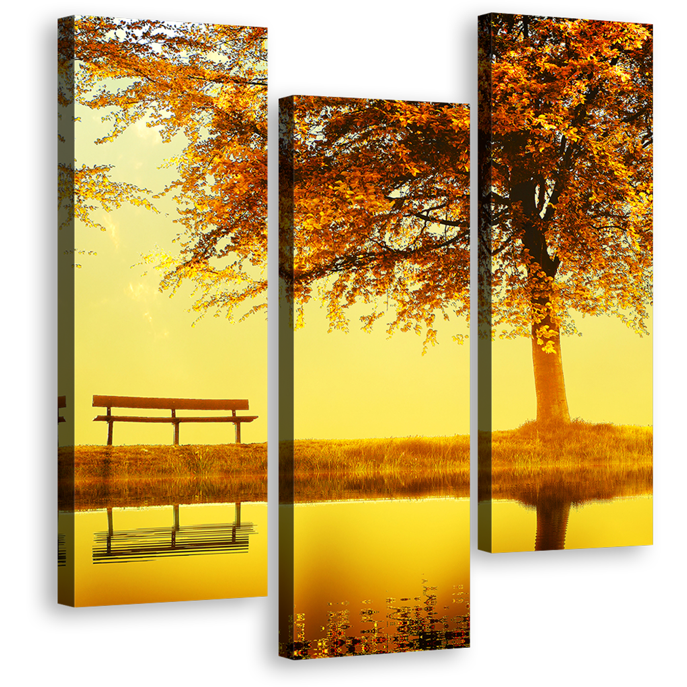 Greenbelt Bench Canvas Wall Art, Orange River Landscape Autumn Scene Canvas Set, Yellow Sunset River Lake 3 Piece Canvas Print