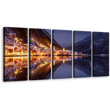 Load image into Gallery viewer, Grey Lake Canvas Wall Art, Hallstatt Gold City Lights Canvas Set, Austria Lake Reflection at Sunset 5 Piece Canvas, Salzkammergut Mountains Canvas Print
