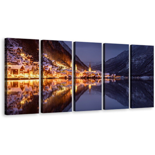 Grey Lake Canvas Wall Art, Hallstatt Gold City Lights Canvas Set, Austria Lake Reflection at Sunset 5 Piece Canvas, Salzkammergut Mountains Canvas Print