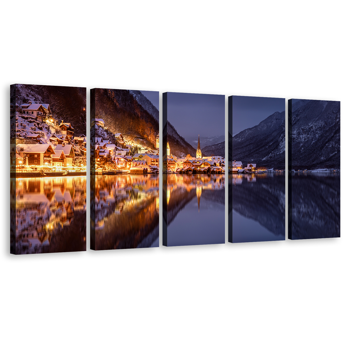 Grey Lake Canvas Wall Art, Hallstatt Gold City Lights Canvas Set, Austria Lake Reflection at Sunset 5 Piece Canvas, Salzkammergut Mountains Canvas Print