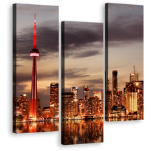 Load image into Gallery viewer, Grey Sunset Canvas Wall Art, Orange Toronto City Canvas Print, Beautiful Canada Ontario City Skyline 3 Piece Canvas Artwork
