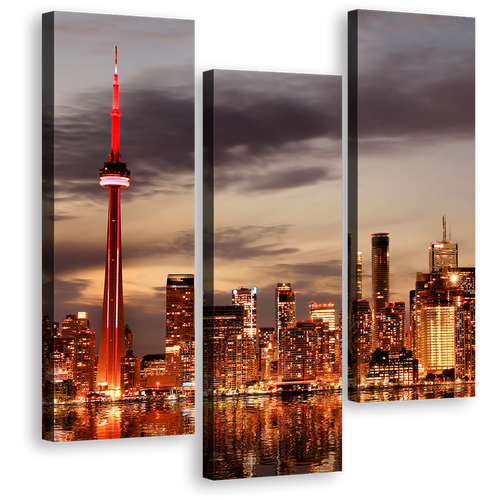 Grey Sunset Canvas Wall Art, Orange Toronto City Canvas Print, Beautiful Canada Ontario City Skyline 3 Piece Canvas Artwork