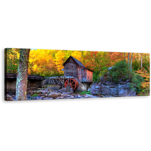 Load image into Gallery viewer, Grist Mill Canvas Print, Blue West Virginia Mountains Rocks Panoramic Canvas Art, Clifftop Green Babcock State Park Wall Art
