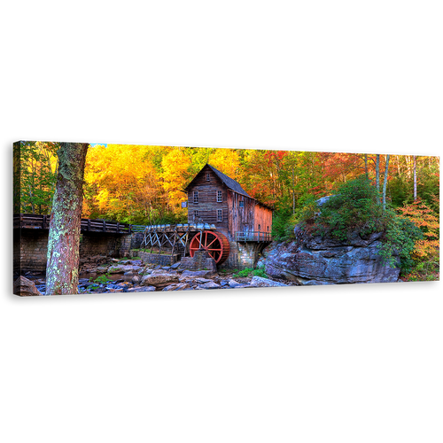 Grist Mill Canvas Print, Blue West Virginia Mountains Rocks Panoramic Canvas Art, Clifftop Green Babcock State Park Wall Art