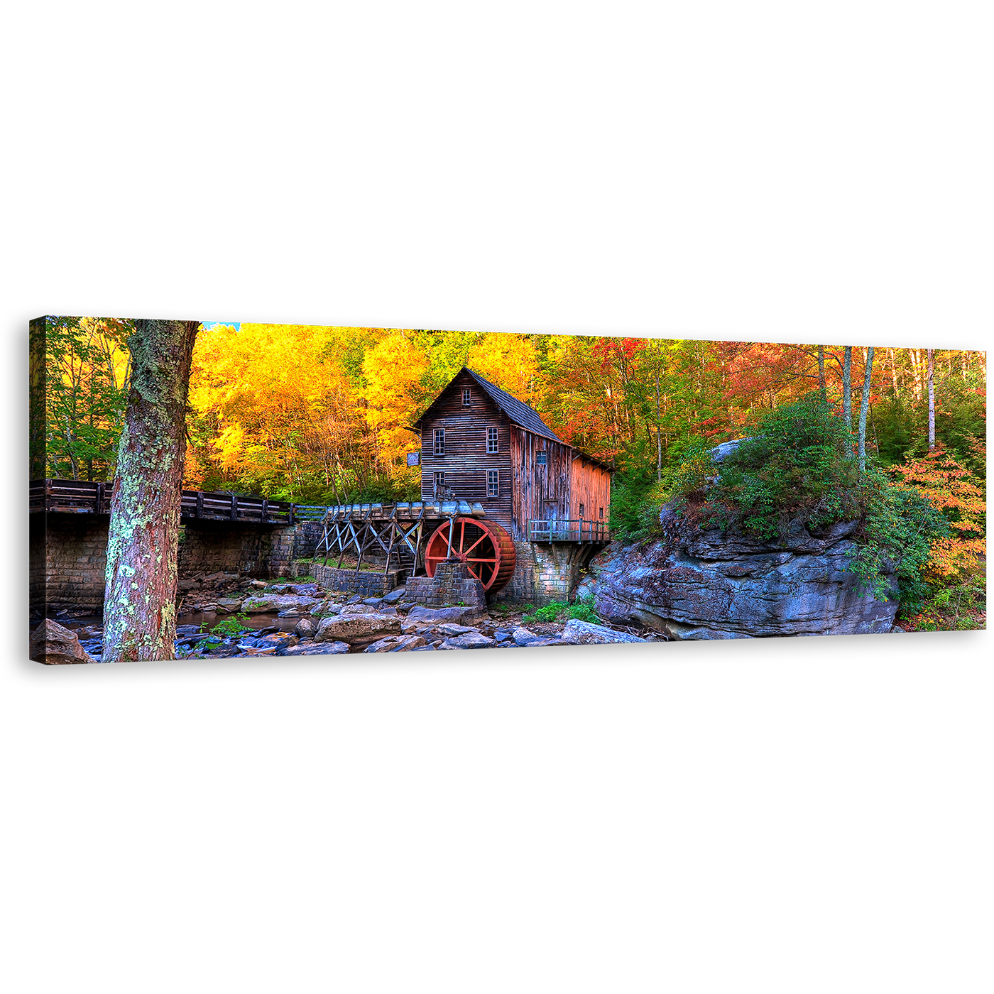 Grist Mill Canvas Print, Blue West Virginia Mountains Rocks Panoramic Canvas Art, Clifftop Green Babcock State Park Wall Art