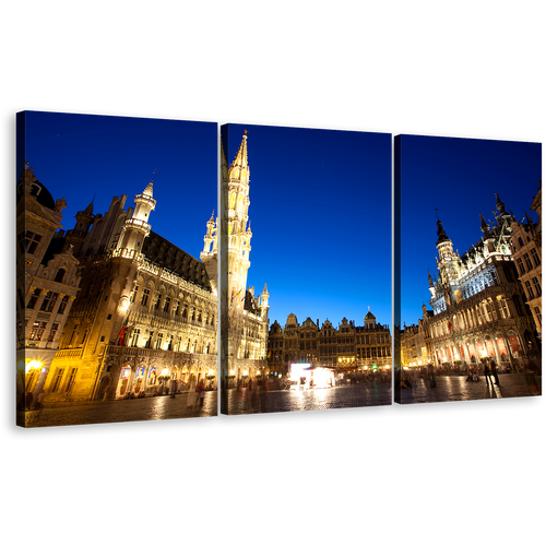 Grote Markt Canvas Wall Art, Yellow Grand Place 3 Piece Canvas Print, Blue Sky Brussels City Skyline Triptych Multi Canvas