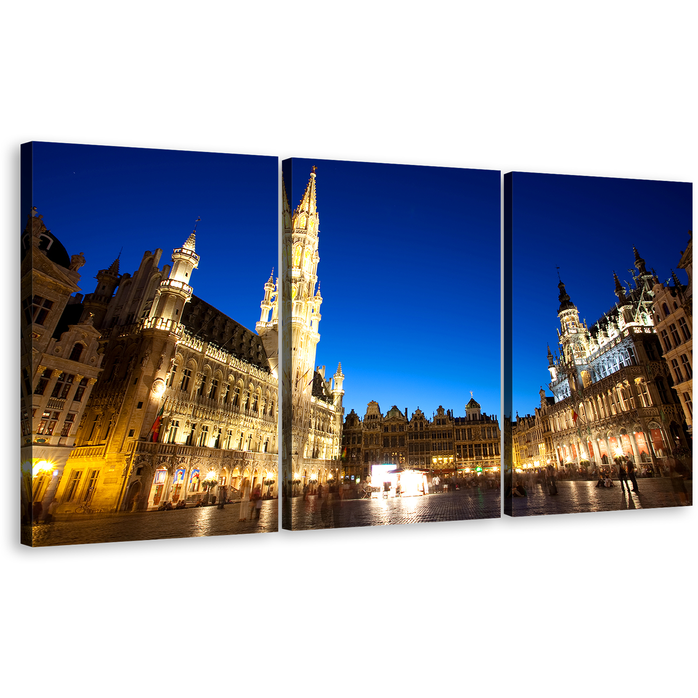 Grote Markt Canvas Wall Art, Yellow Grand Place 3 Piece Canvas Print, Blue Sky Brussels City Skyline Triptych Multi Canvas