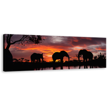 Load image into Gallery viewer, Group Elephants Canvas Wall Art, Elephants Orange Sunset 1 Piece Canvas, Black Elephant Family Canvas Print
