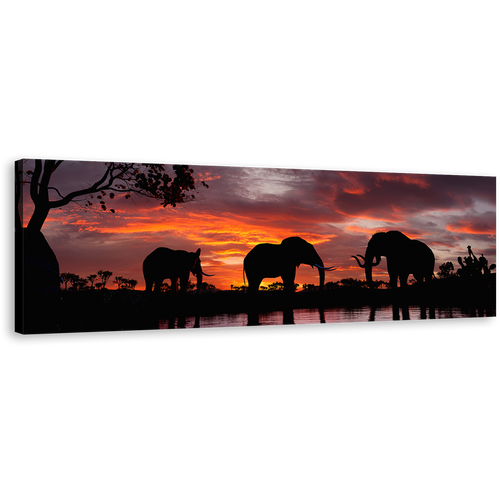 Group Elephants Canvas Wall Art, Elephants Orange Sunset 1 Piece Canvas, Black Elephant Family Canvas Print