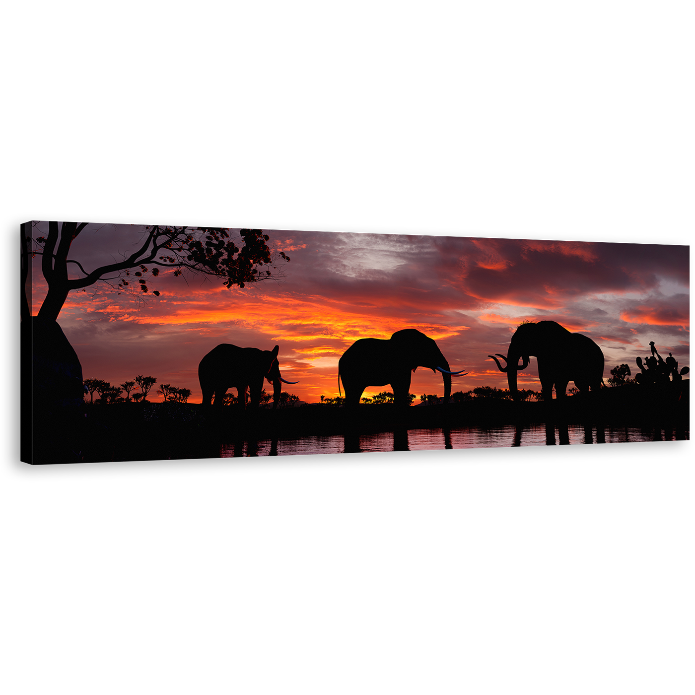 Group Elephants Canvas Wall Art, Elephants Orange Sunset 1 Piece Canvas, Black Elephant Family Canvas Print