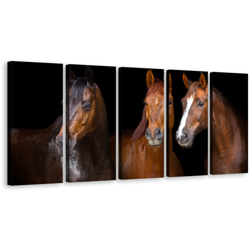 Group Horses Canvas Wall Art, Brown Horses Portrait 5 Piece Canvas Print, Isolated Horses Black Background Multi Canvas, Three Horses Canvas Set