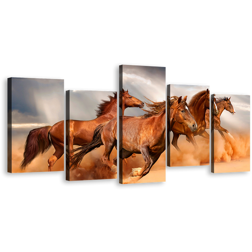 Group Horses Canvas Wall Art, Horses Freedom 5 Piece Multiple Canvas, Grey Sky Horses herd Canvas Print, Brown Horses Galloping Canvas Set