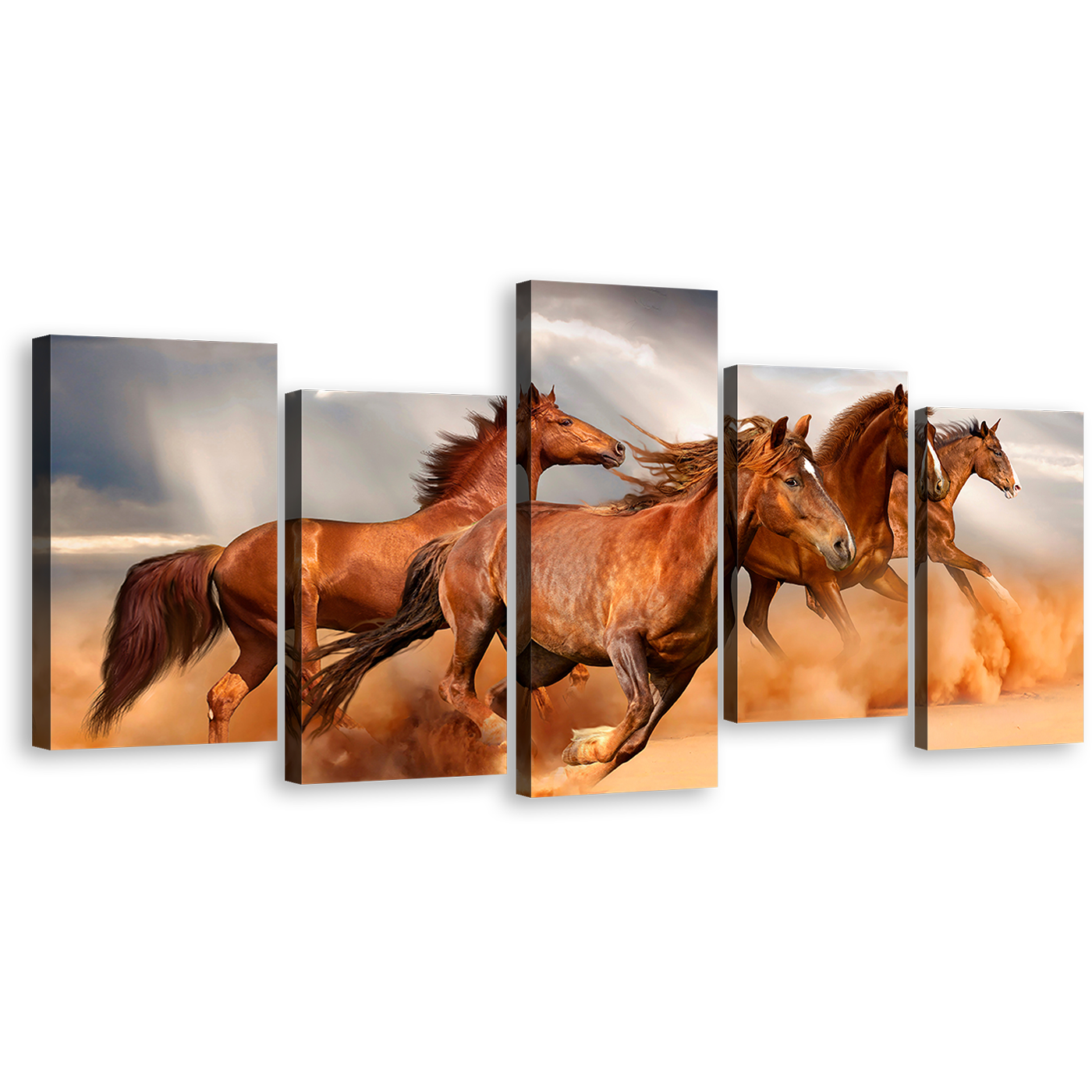 Group Horses Canvas Wall Art, Horses Freedom 5 Piece Multiple Canvas, Grey Sky Horses herd Canvas Print, Brown Horses Galloping Canvas Set