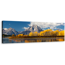 Load image into Gallery viewer, Guadalupe River Canvas Wall Art, Texas Blue River Landscape Panoramic Canvas Print, Yellow Fall Trees Sky Mountain 1 Piece Canvas
