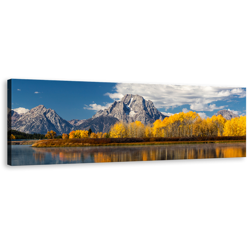 Guadalupe River Canvas Wall Art, Texas Blue River Landscape Panoramic Canvas Print, Yellow Fall Trees Sky Mountain 1 Piece Canvas