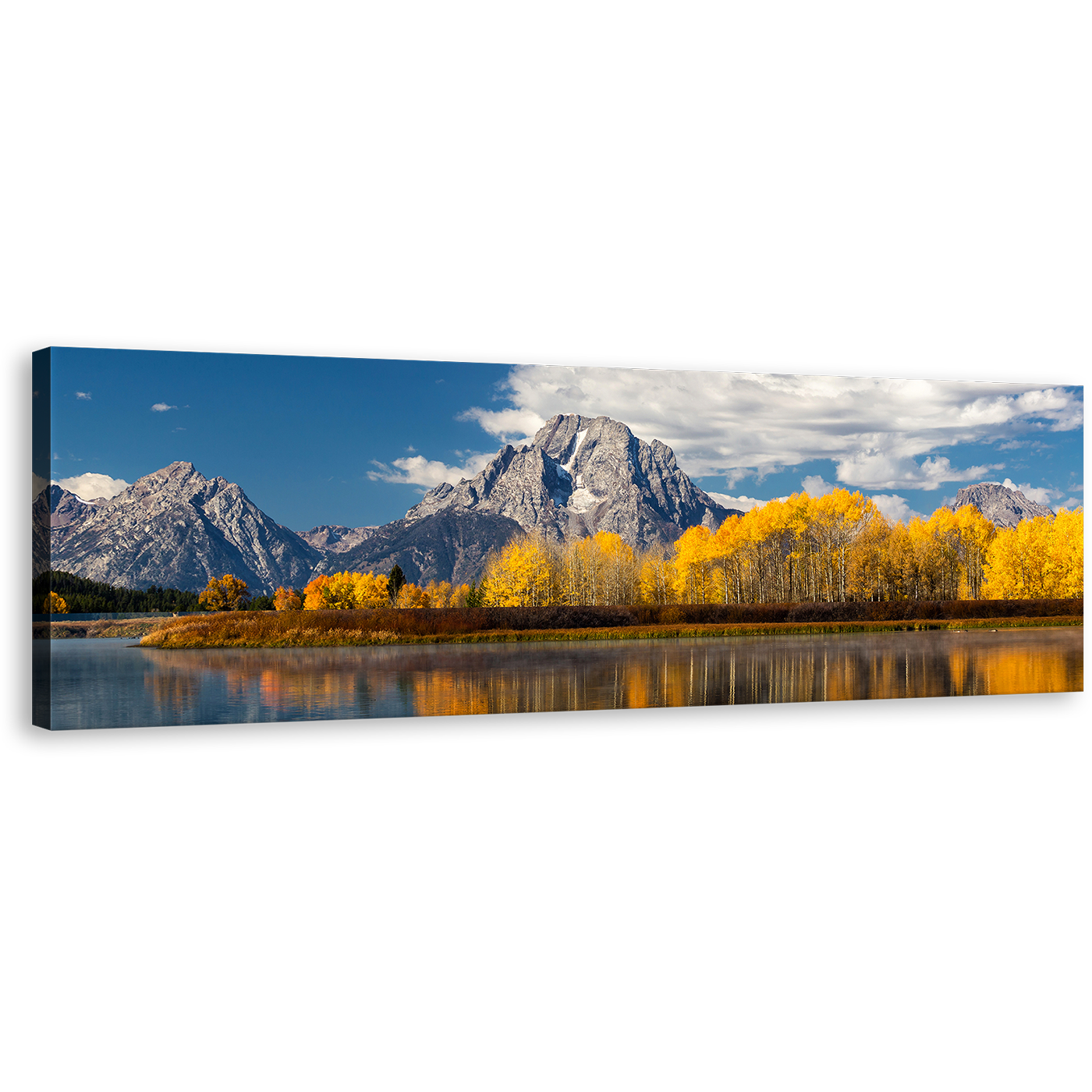 Guadalupe River Canvas Wall Art, Texas Blue River Landscape Panoramic Canvas Print, Yellow Fall Trees Sky Mountain 1 Piece Canvas