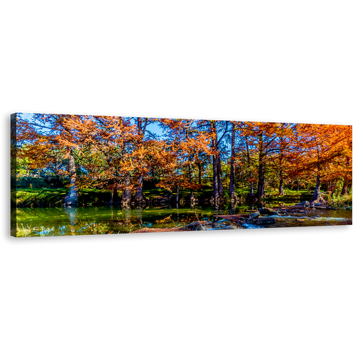 Guadalupe Texas Canvas Wall Art, Blue Sky River Panoramic Canvas, Fall Orange Forest Trees 1 Piece Canvas Print