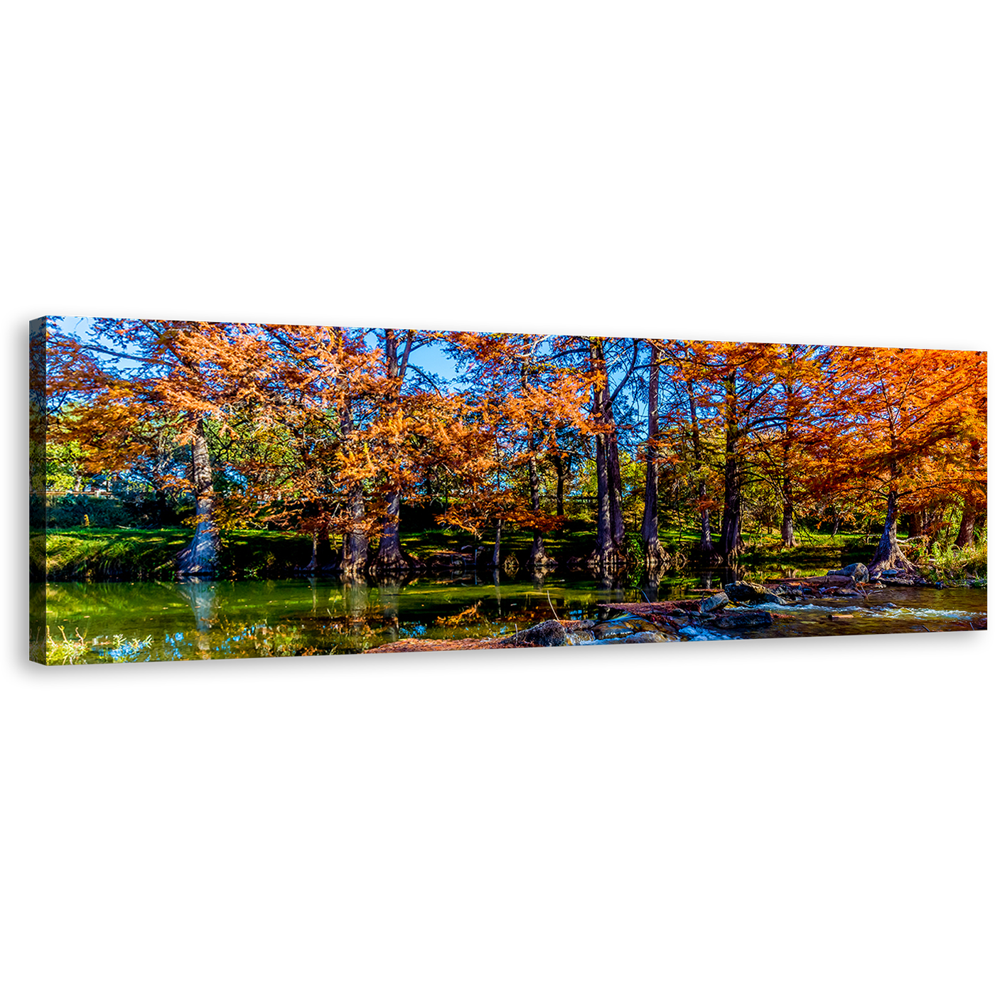 Guadalupe Texas Canvas Wall Art, Blue Sky River Panoramic Canvas, Fall Orange Forest Trees 1 Piece Canvas Print