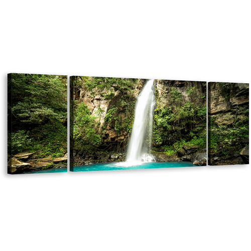 Guanacaste Waterfall Wall Art, Green Jungle of Costa Rica 3 Piece Multiple Canvas, White Rainforest Waterfall Scenery Forest Canvas Print