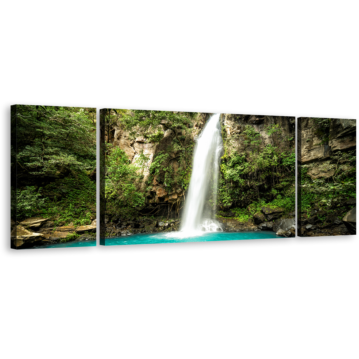 Guanacaste Waterfall Wall Art, Green Jungle of Costa Rica 3 Piece Multiple Canvas, White Rainforest Waterfall Scenery Forest Canvas Print