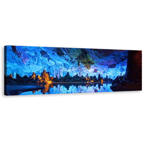 Guilin Cave Canvas Wall art, Guangxi Province China Wide Canvas, Blue Reed Flute Caves Panoramic Canvas, Brown Ocean Rocks Crystal Palace Canvas Print