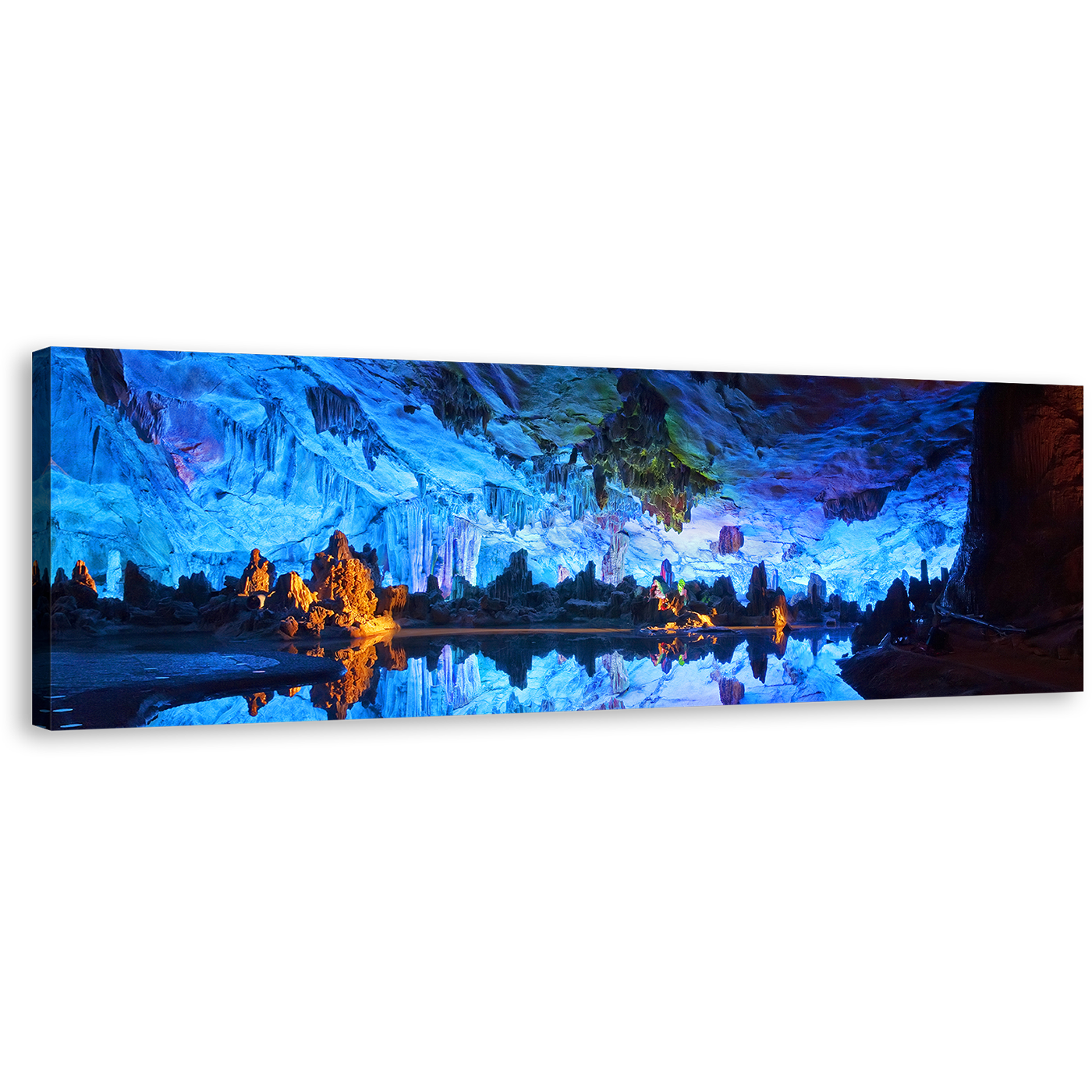 Guilin Cave Canvas Wall art, Guangxi Province China Wide Canvas, Blue Reed Flute Caves Panoramic Canvas, Brown Ocean Rocks Crystal Palace Canvas Print