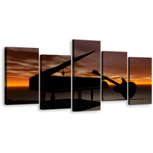 Load image into Gallery viewer, Guitar Music Canvas Wall Art, Black Grand Piano Guitar 5 Piece Canvas Print, Orange Sky Musical Instrument Multiple Canvas
