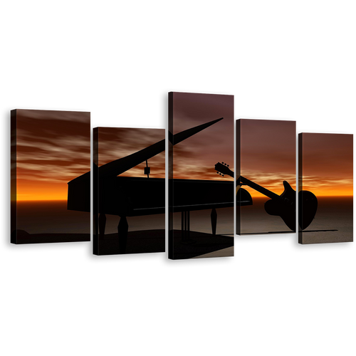 Guitar Music Canvas Wall Art, Black Grand Piano Guitar 5 Piece Canvas Print, Orange Sky Musical Instrument Multiple Canvas