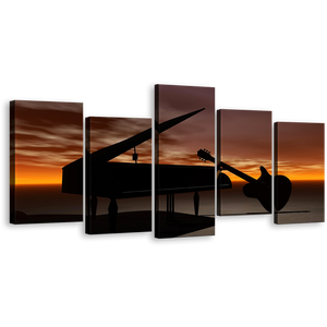 Guitar Music Canvas Wall Art, Black Grand Piano Guitar 5 Piece Canvas Print, Orange Sky Musical Instrument Multiple Canvas