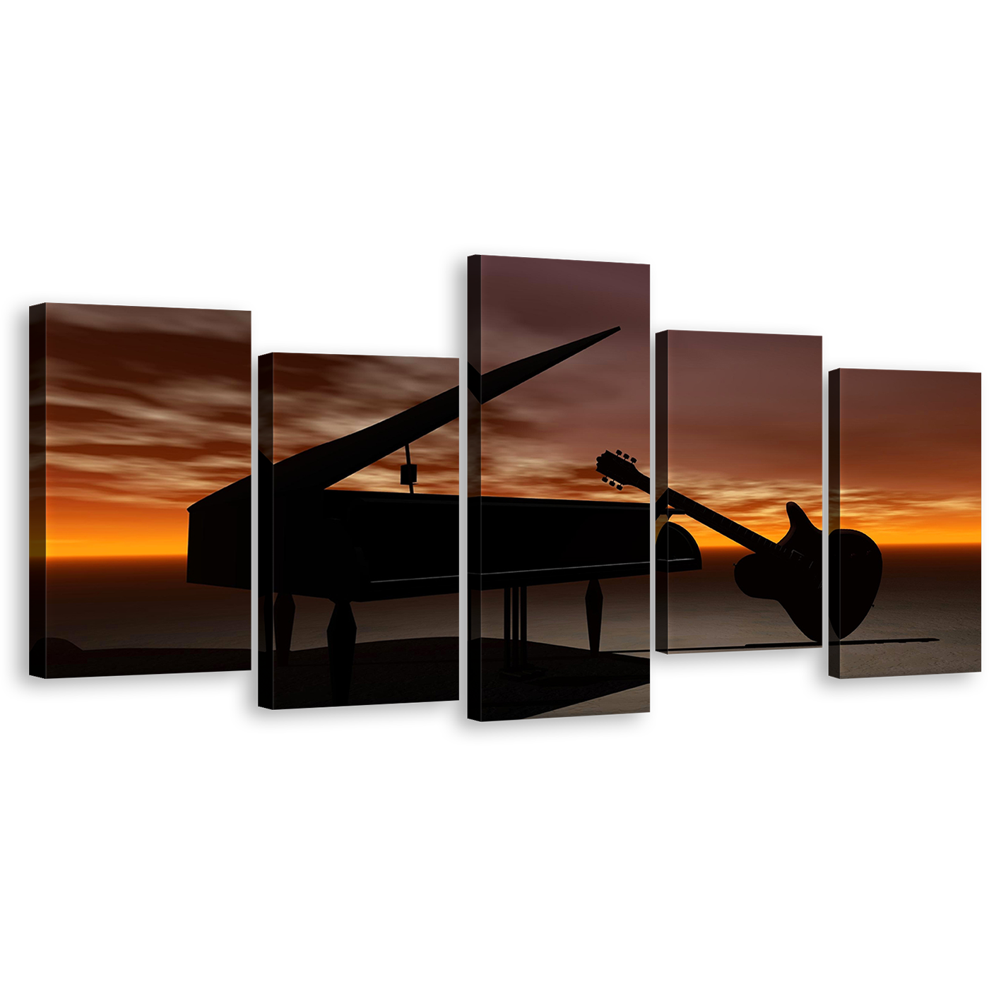 Guitar Music Canvas Wall Art, Black Grand Piano Guitar 5 Piece Canvas Print, Orange Sky Musical Instrument Multiple Canvas