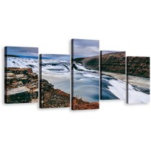 Load image into Gallery viewer, Gullfoss Waterfall Canvas Wall Art, Majestic Waterfall in Iceland Multi Canvas, Blue White Hvita River 5 Piece Canvas Print
