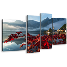 Load image into Gallery viewer, Hallstatter See Canvas Print, Red Flowers Focus Landscape Canvas Set, Grey Austria Mountain River 4 Piece Wall Art
