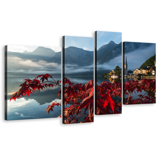 Hallstatter See Canvas Print, Red Flowers Focus Landscape Canvas Set, Grey Austria Mountain River 4 Piece Wall Art