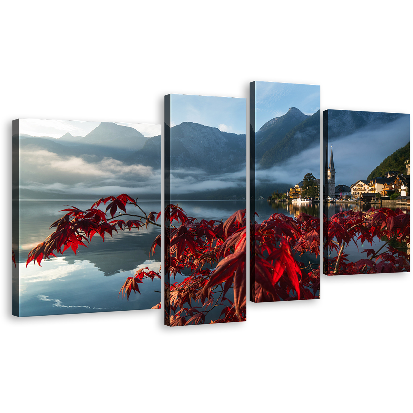 Hallstatter See Canvas Print, Red Flowers Focus Landscape Canvas Set, Grey Austria Mountain River 4 Piece Wall Art