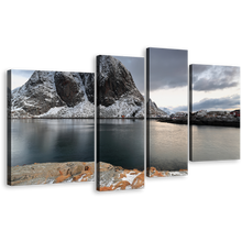 Load image into Gallery viewer, Hamnoy Harbor Wall Art, Grey Lofoten Islands Mountain River Canvas Print, White Cloudy Sky 4 Piece Canvas Set
