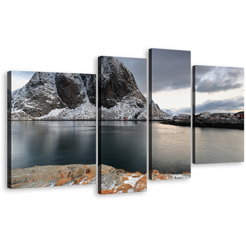 Hamnoy Harbor Wall Art, Grey Lofoten Islands Mountain River Canvas Print, White Cloudy Sky 4 Piece Canvas Set