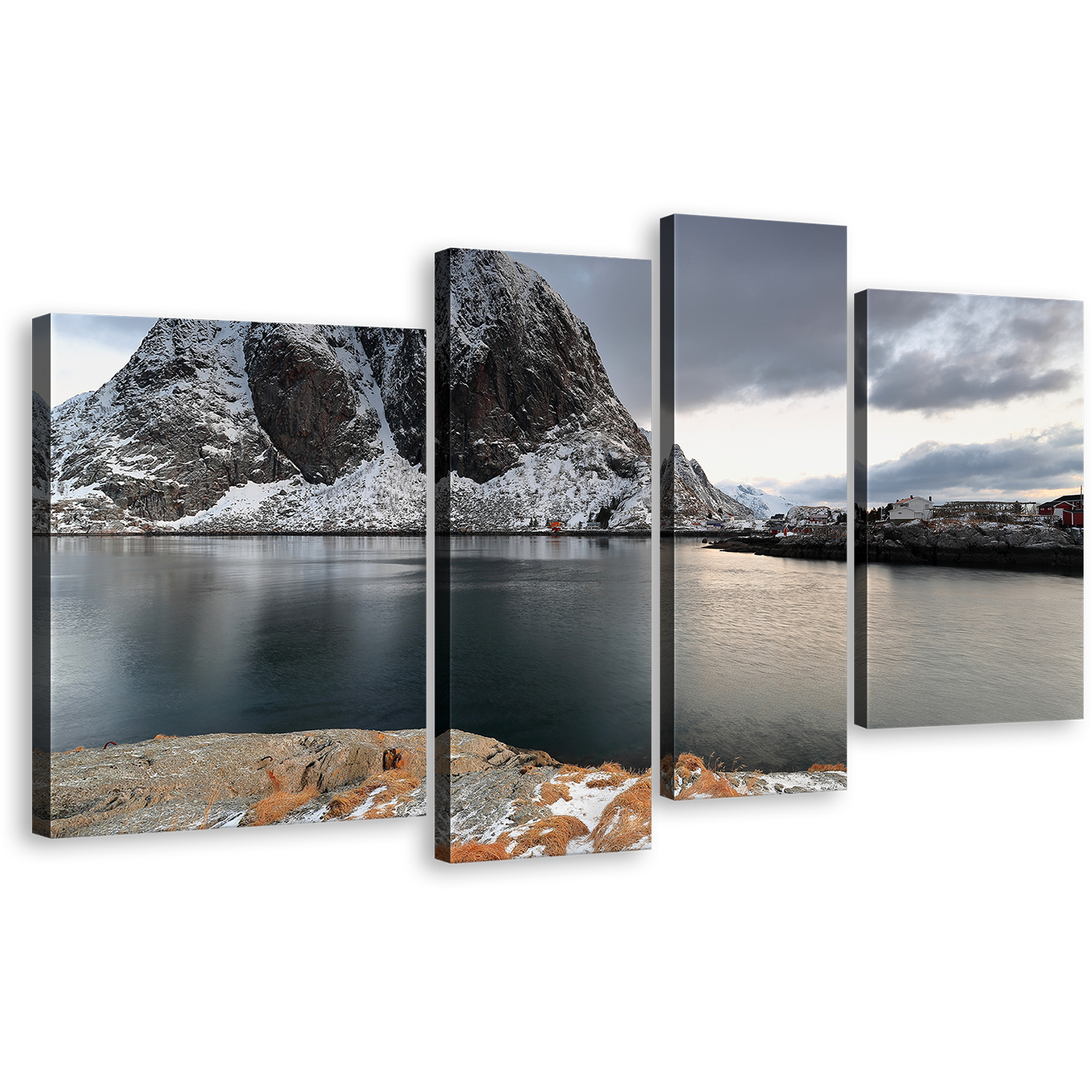 Hamnoy Harbor Wall Art, Grey Lofoten Islands Mountain River Canvas Print, White Cloudy Sky 4 Piece Canvas Set