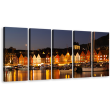 Load image into Gallery viewer, Harbor Canals Canvas Print, Beautiful Bergen Norway Orange City 5 Piece Wall Art, Scandinavia Grey Night Canals Canvas Multi-panel Art
